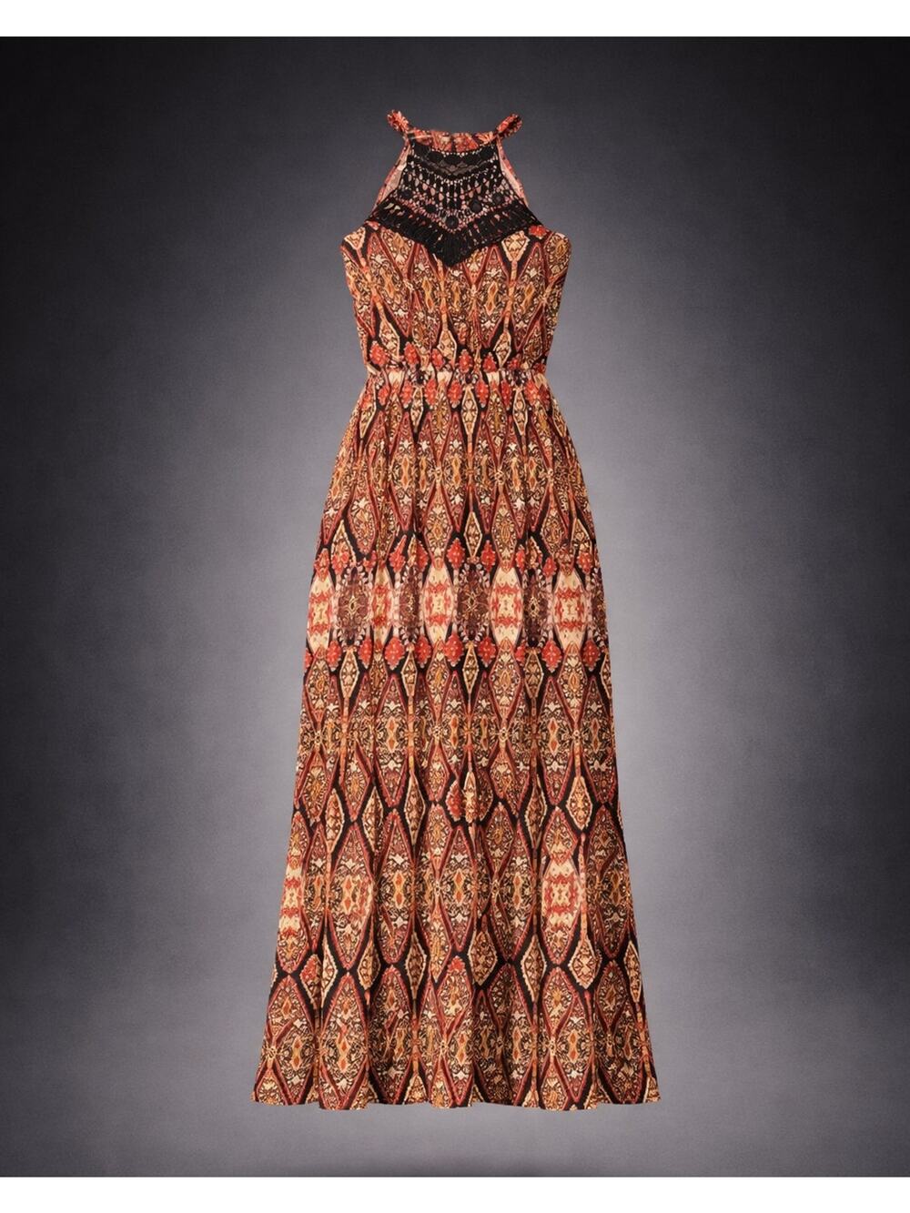 New No Comment Boho Maxi Dress XL Brown Crochet Front Detail Sleeveless Long